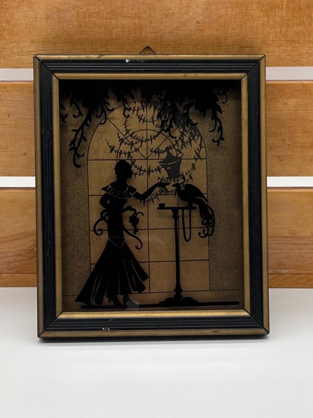 VTG Deltex Silhouette Reverse Painted Glass "Fine Feathers" Woman Bird N.Y. 1933